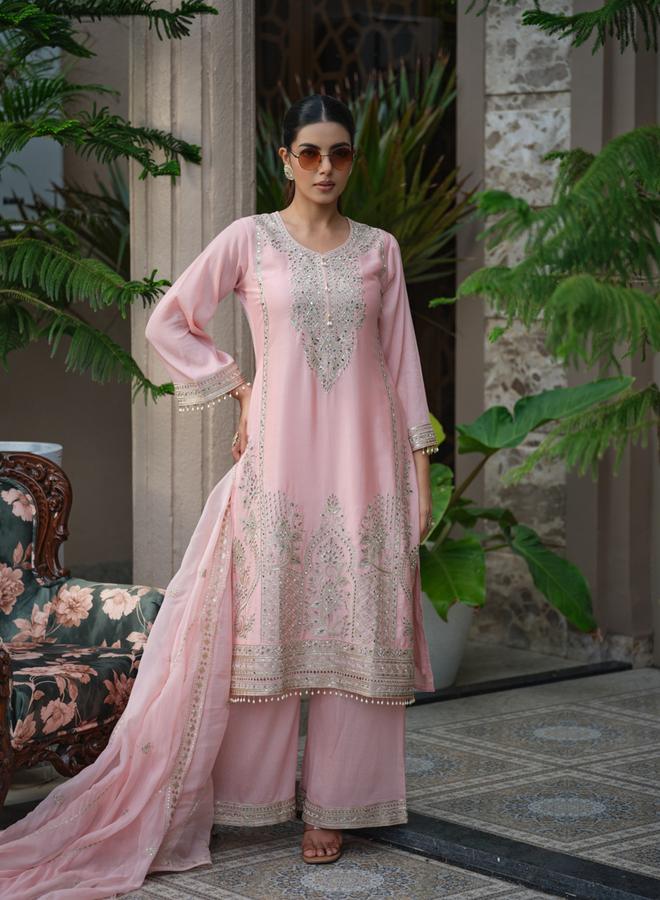 DW Women Floral Embroidered Straight Kurta and Palazzos with Dupatta Set - Image 3